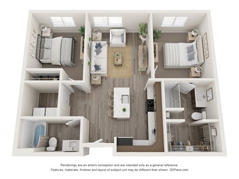 Floor plan for 2 beds, 2 baths, 957 sqft
